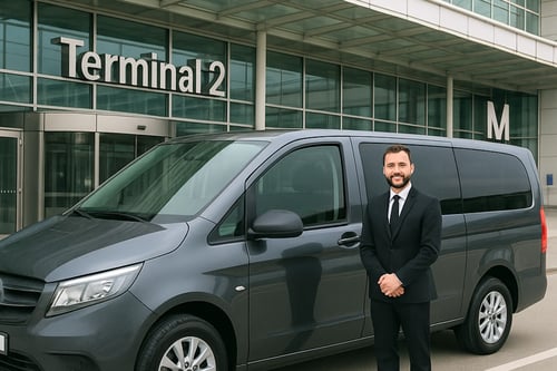 Fahrer und Fahrzeug von Antares Driver Services vor dem Flughafen München