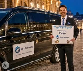 Ein Chauffeur holt Firmenfahrgäste mit einem Van im Firmenbranding ab