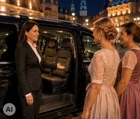 Zwei Frauen steigen in ein Chauffeurfahrzeug und werden von einer weiblichen Chauffeurin (Lady Driver) begrüßt