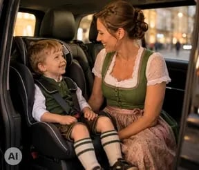 Ein Kind wird vom Chauffeurservice im Kindersitz mit seiner Mutter sicher zum Oktoberfest gefahren