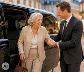 Ein Chauffeur von Antares Driver Services hilft einer älteren Dame beim Aussteigen aus dem Fahrzeug