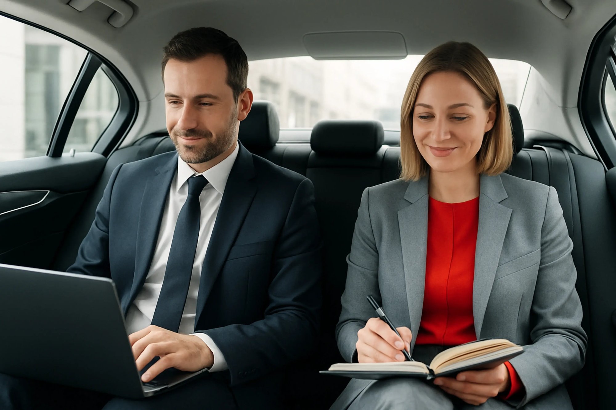 Driving service for corporate customers - business travellers with laptops on the way to the airport