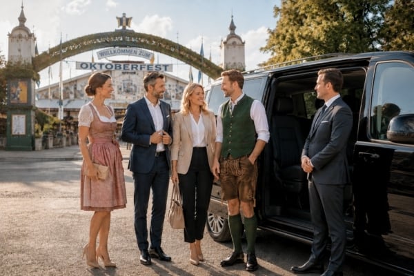 Firmenmitarbeiter und Geschäftsgäste vor einem Chauffeurfahrzeug beim Oktoberfest