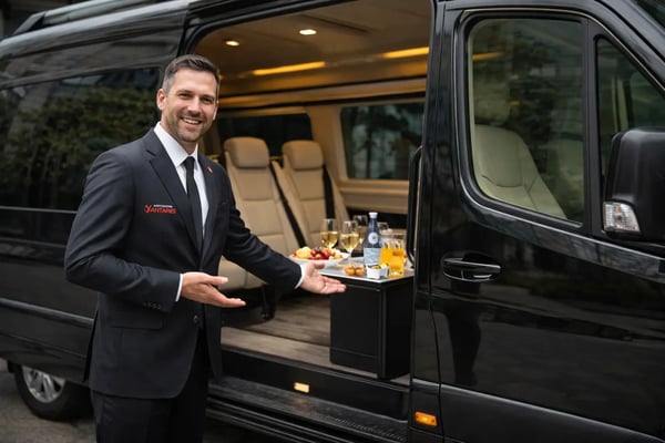 Offene Schiebetür eines Vans von Antares Driver Services mit vorbereitetem Getränke- und Snackservice für eine geschäftliche Fahrt.