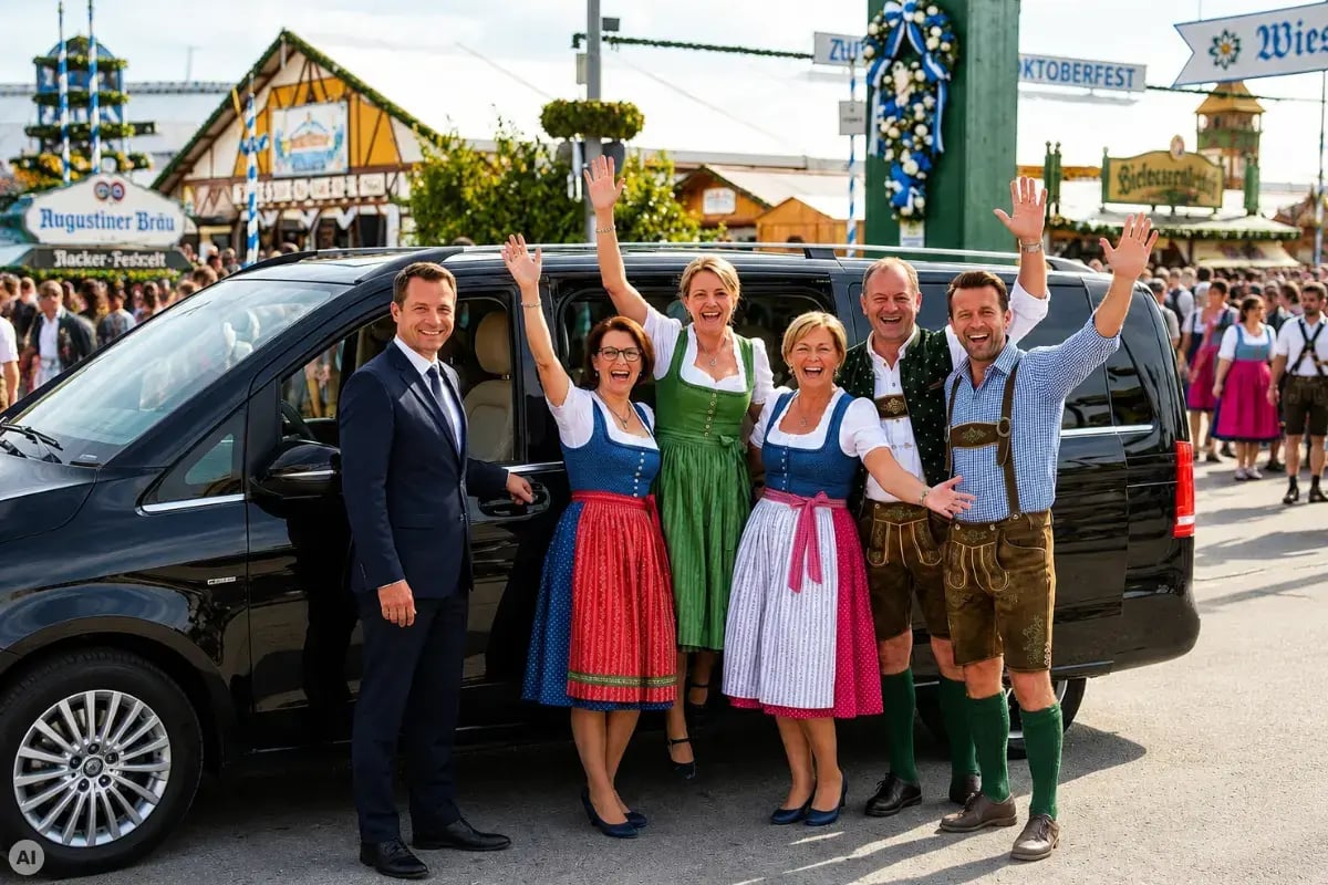 Fahrgäste des Wiesn-Transfers von Antares Driver Services auf dem Oktoberfest