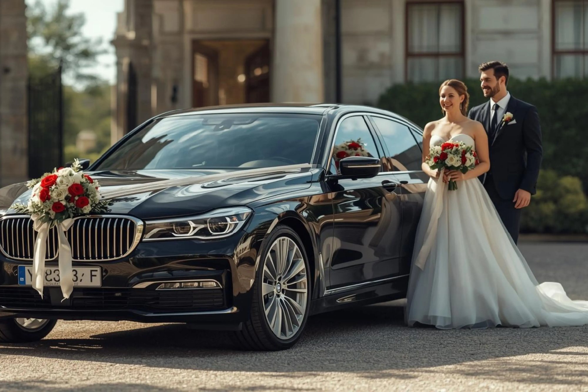 Bridal couple in front of a wedding limousine decorated with flowers
