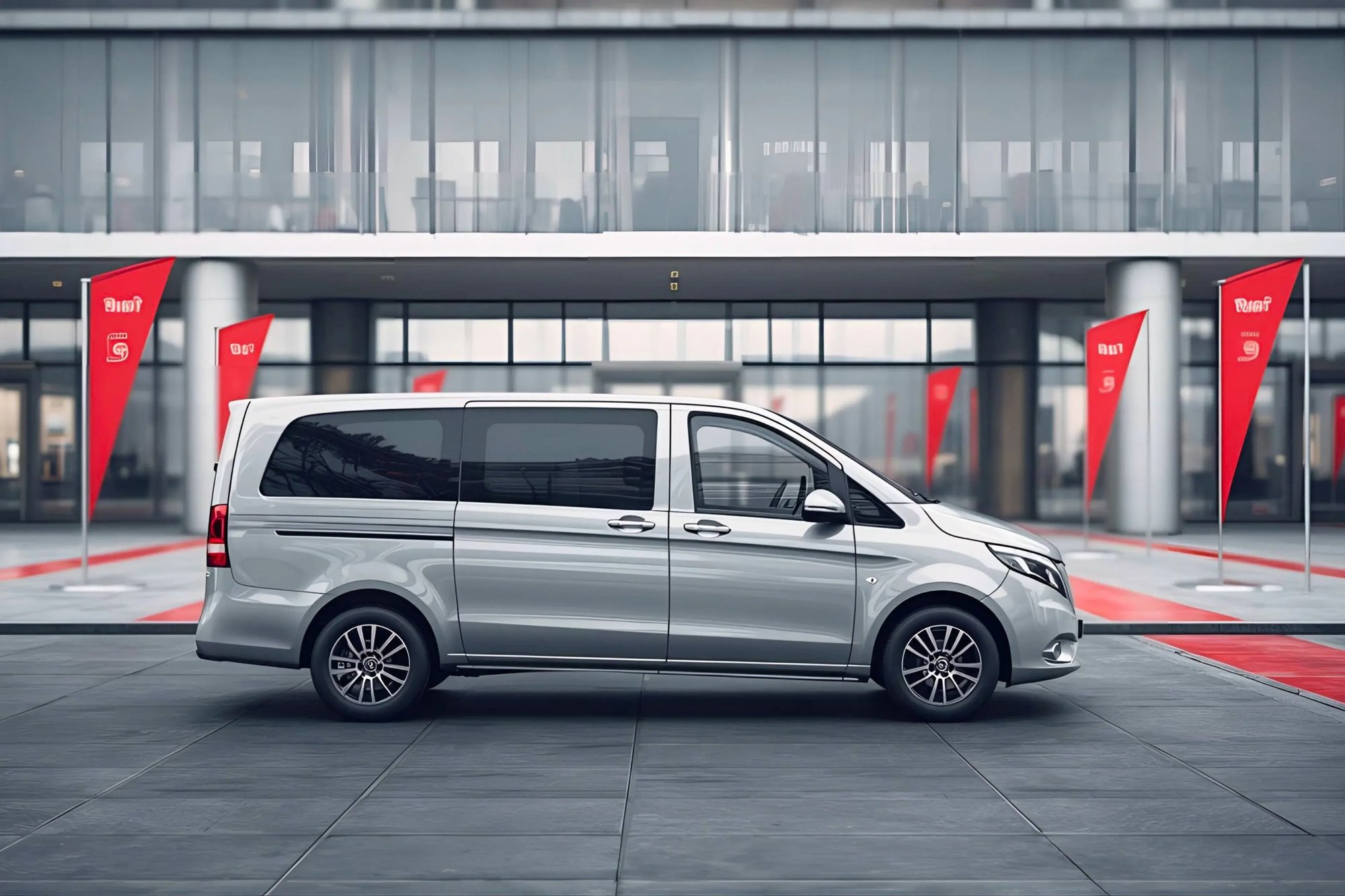 Trade fair shuttle for corporate customers - shuttle vehicle in front of the exhibition centre