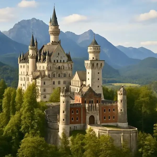 Schloss Neuschwanstein vor Alpenkulisse als Ziel einer Rundfahrt