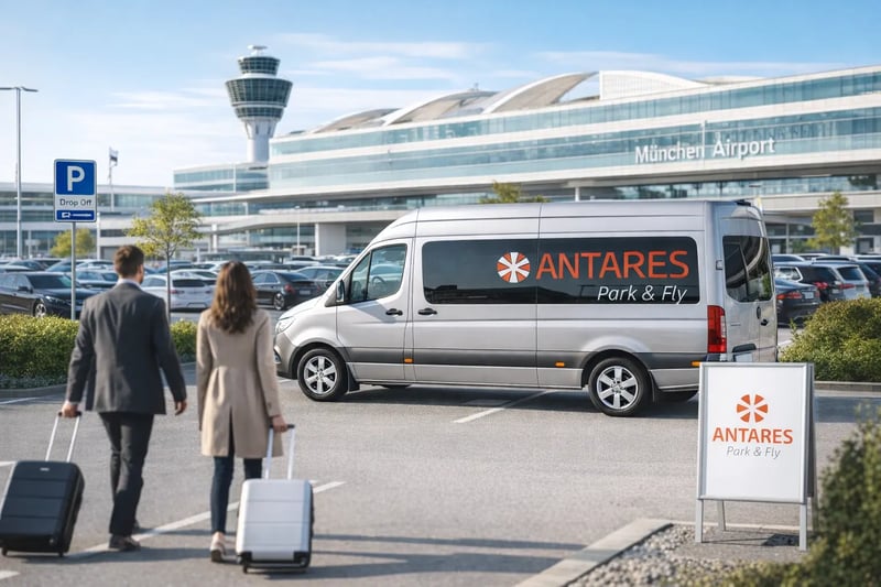 Zwei Kunden gehen auf ein wartendes Shuttle von Antares Park & Fly am Flughafen München zu