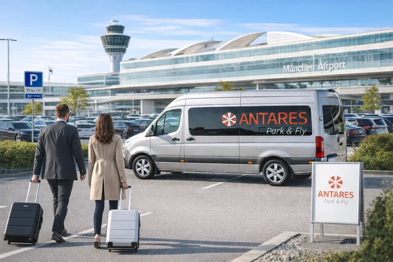 Zwei Reisende mit Koffern gehen zu einem Antares Park & Fly Shuttle-Van auf einem Parkplatz am Flughafen München