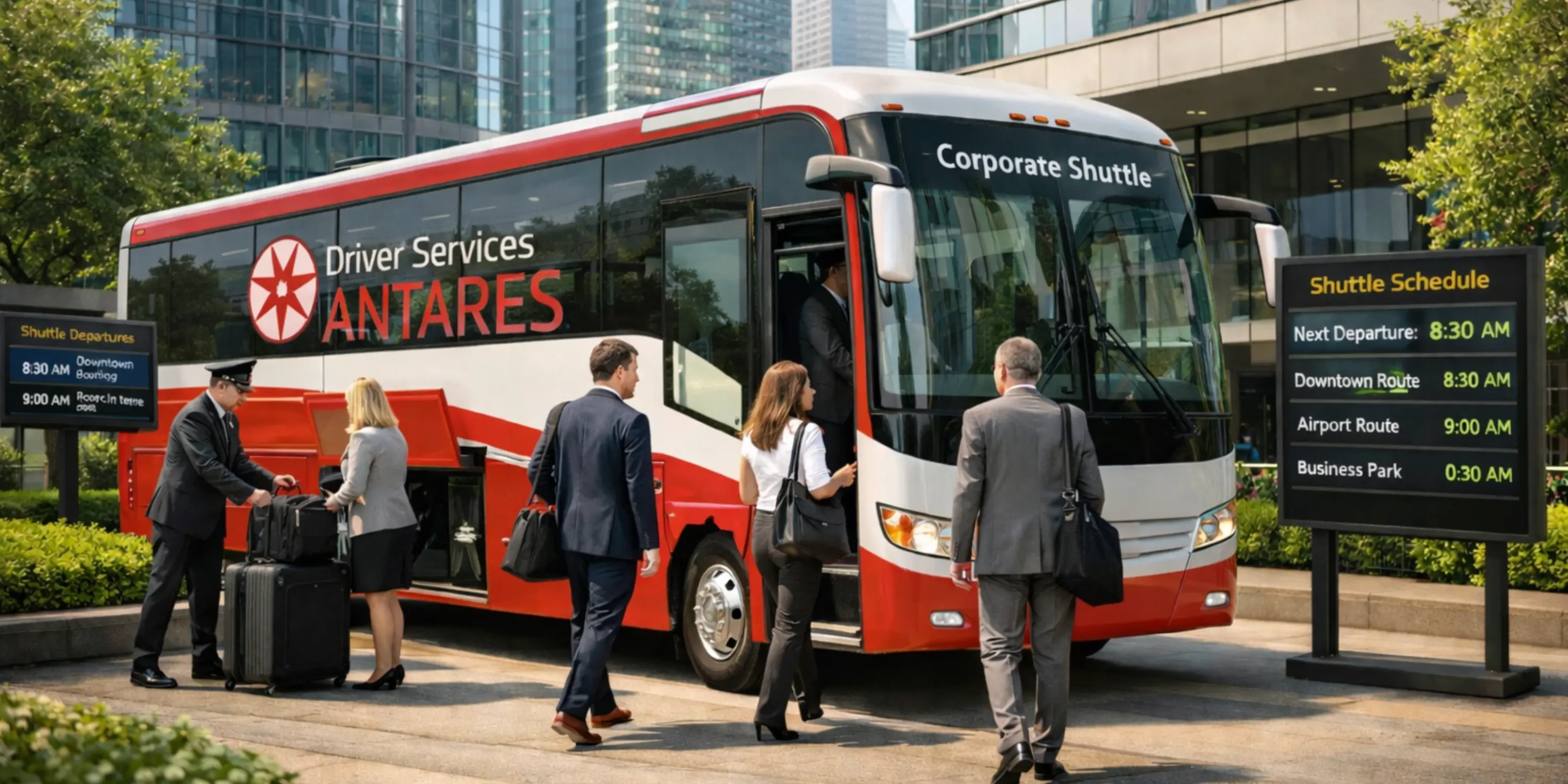 Firmenfahrservice von Antares Driver Services: Geschäftsreisende steigen in einen Shuttlebus vor einem Bürogebäude ein