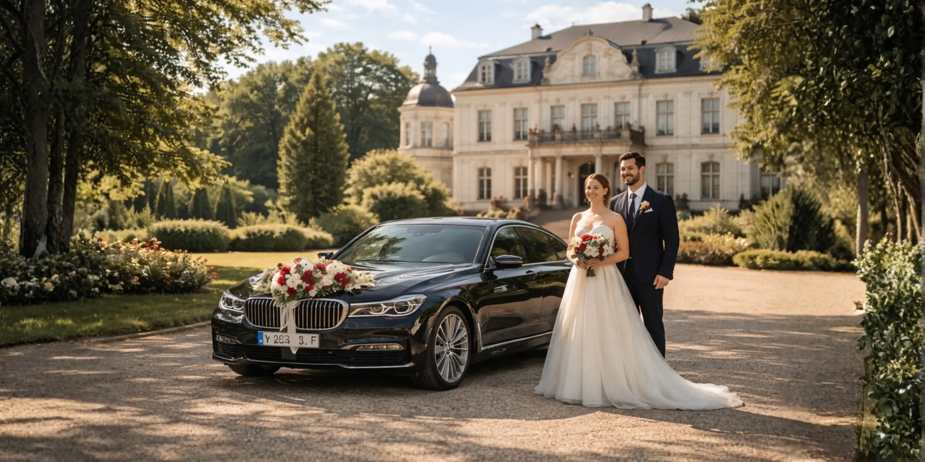 Brautpaar mit Blumenstrauß vor einer geschmückten Hochzeitslimousine vor einer edlen Location..